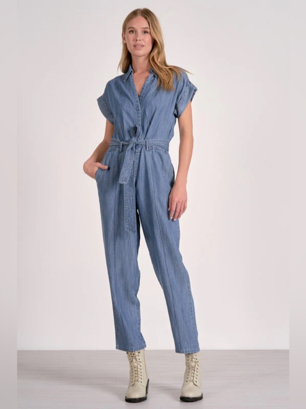 Elan Light Blue Tencel Denim Tie-Waist Jumpsuit
